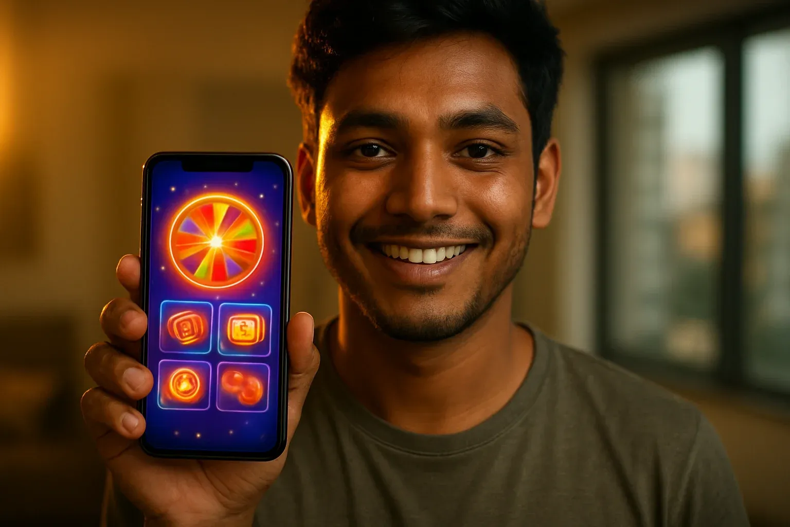 Young Bangladeshi man holding smartphone showing glowing casino app interface
