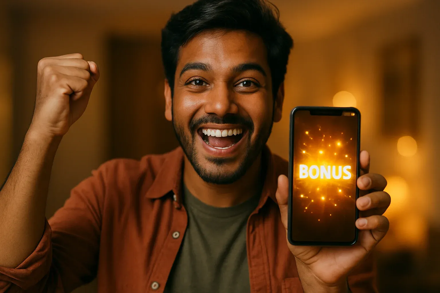 Joyful Bangladeshi man celebrating, holding smartphone with glowing golden bonus notification