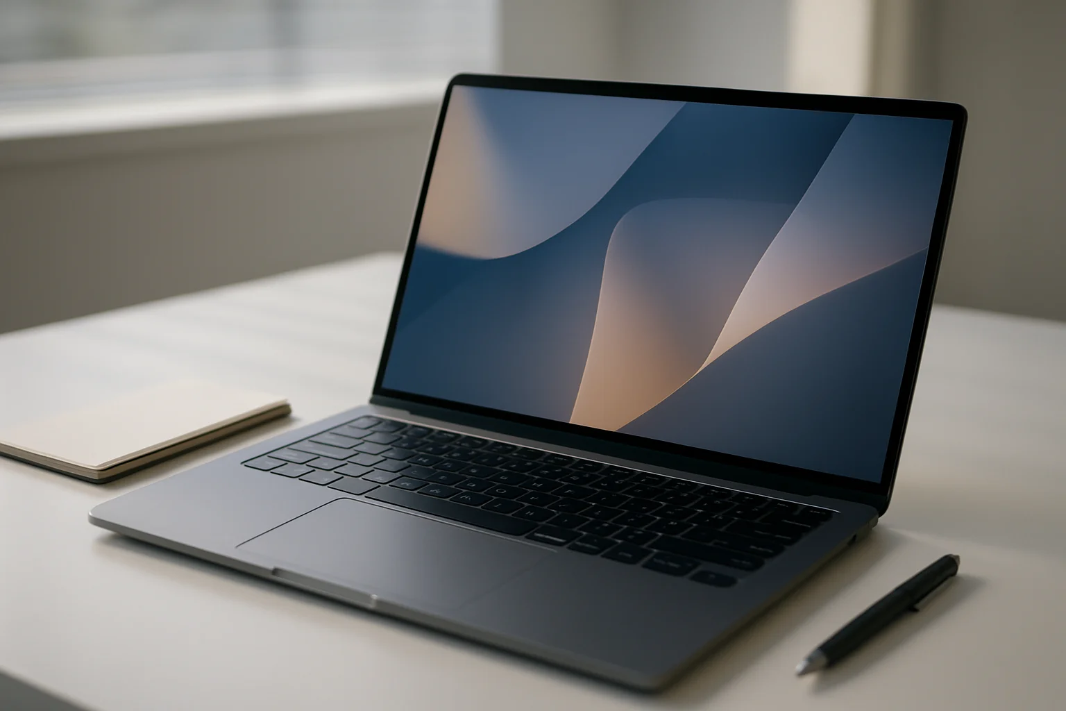 Modern laptop on white desk with abstract glowing screen in daylight