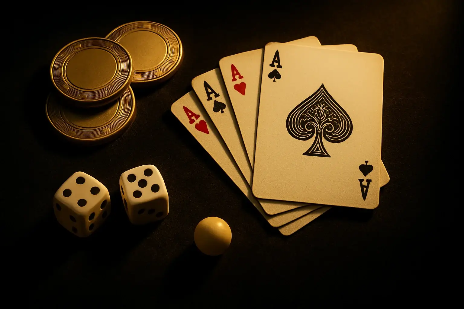 Top-down casino flat-lay on dark velvet with chips, cards, dice, roulette ball