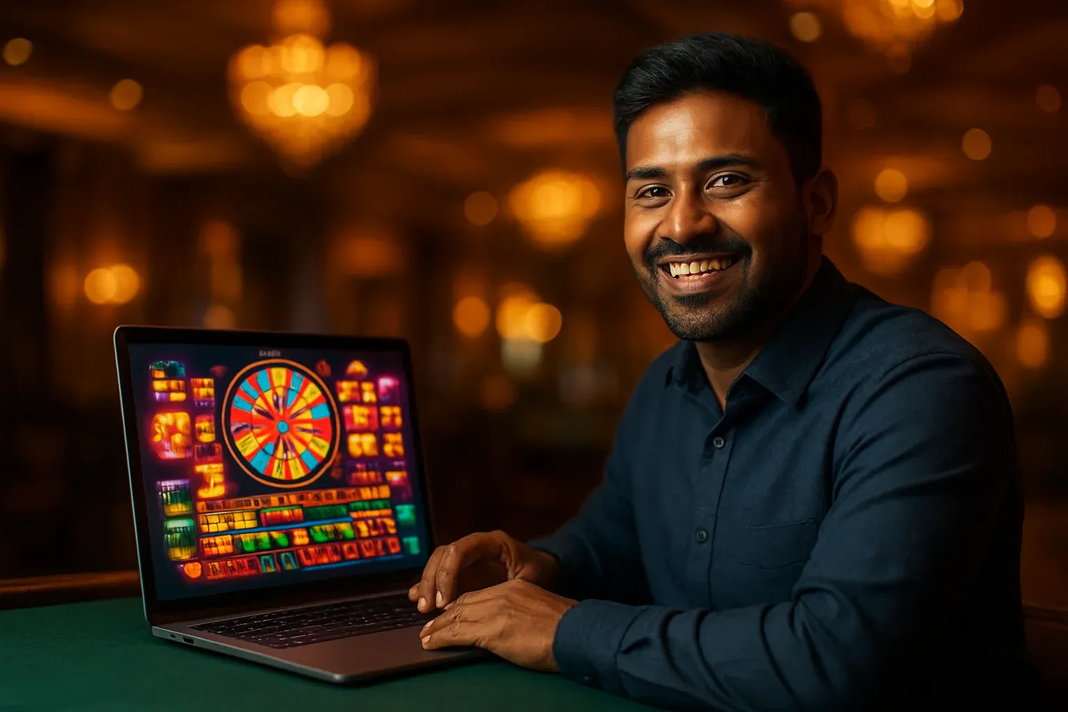 Cheerful Bangladeshi man smiling at open laptop in casino lounge