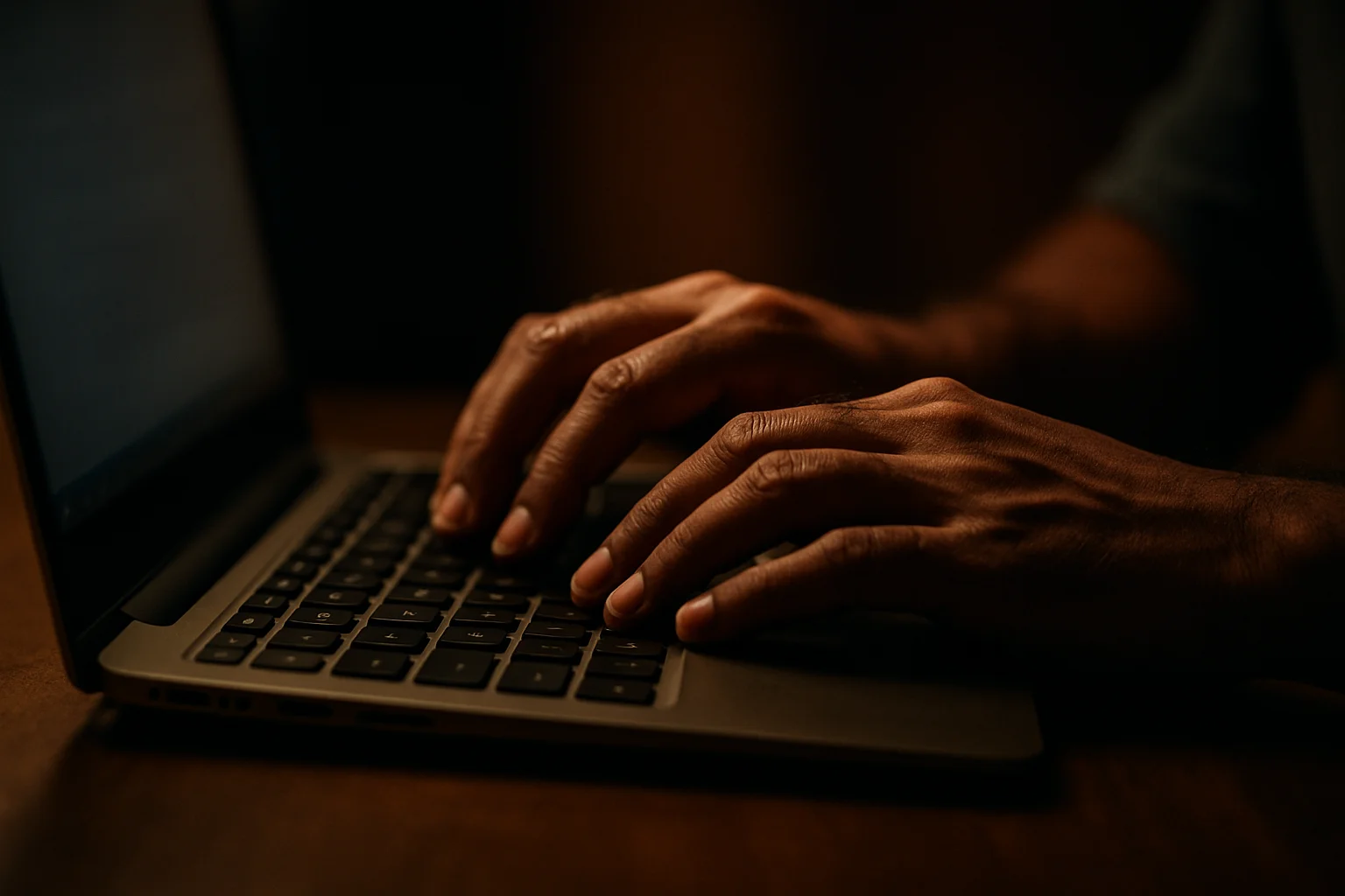 Close-up of Bangladeshi hands typing on laptop keyboard in dramatic light