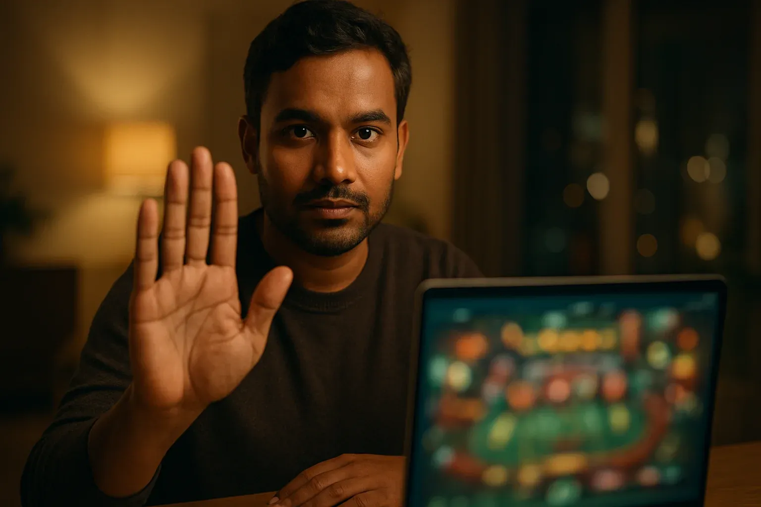 Confident Bangladeshi man shows stop gesture beside blurred online casino laptop