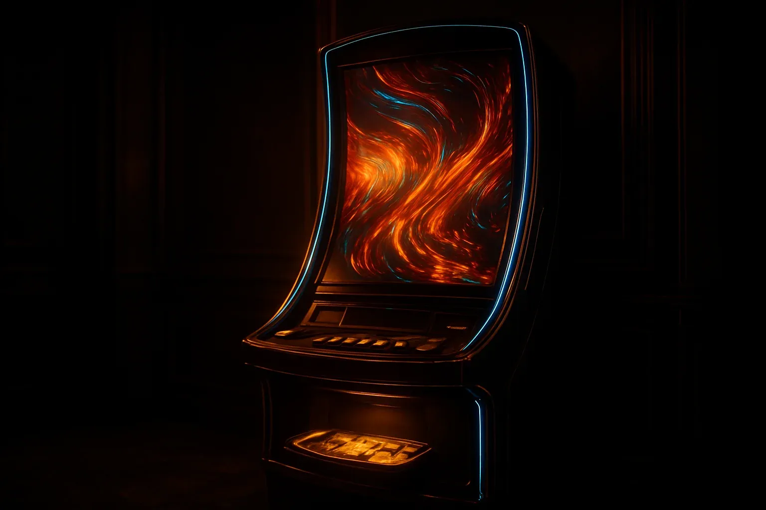 Hyperrealistic premium slot machine in dark luxury setting with neon lighting